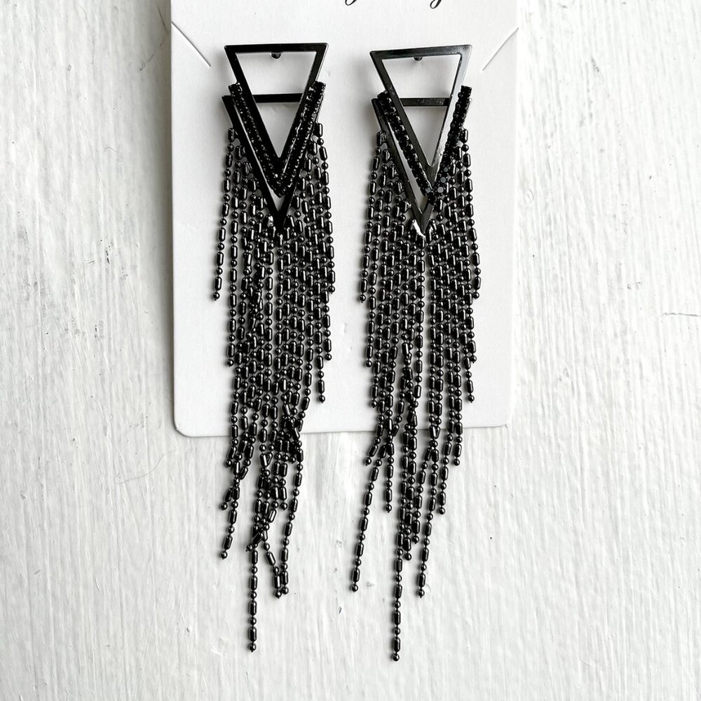 Silver Geometric Triangle Fringe Earrings – Statement Dangle Chain Earrings